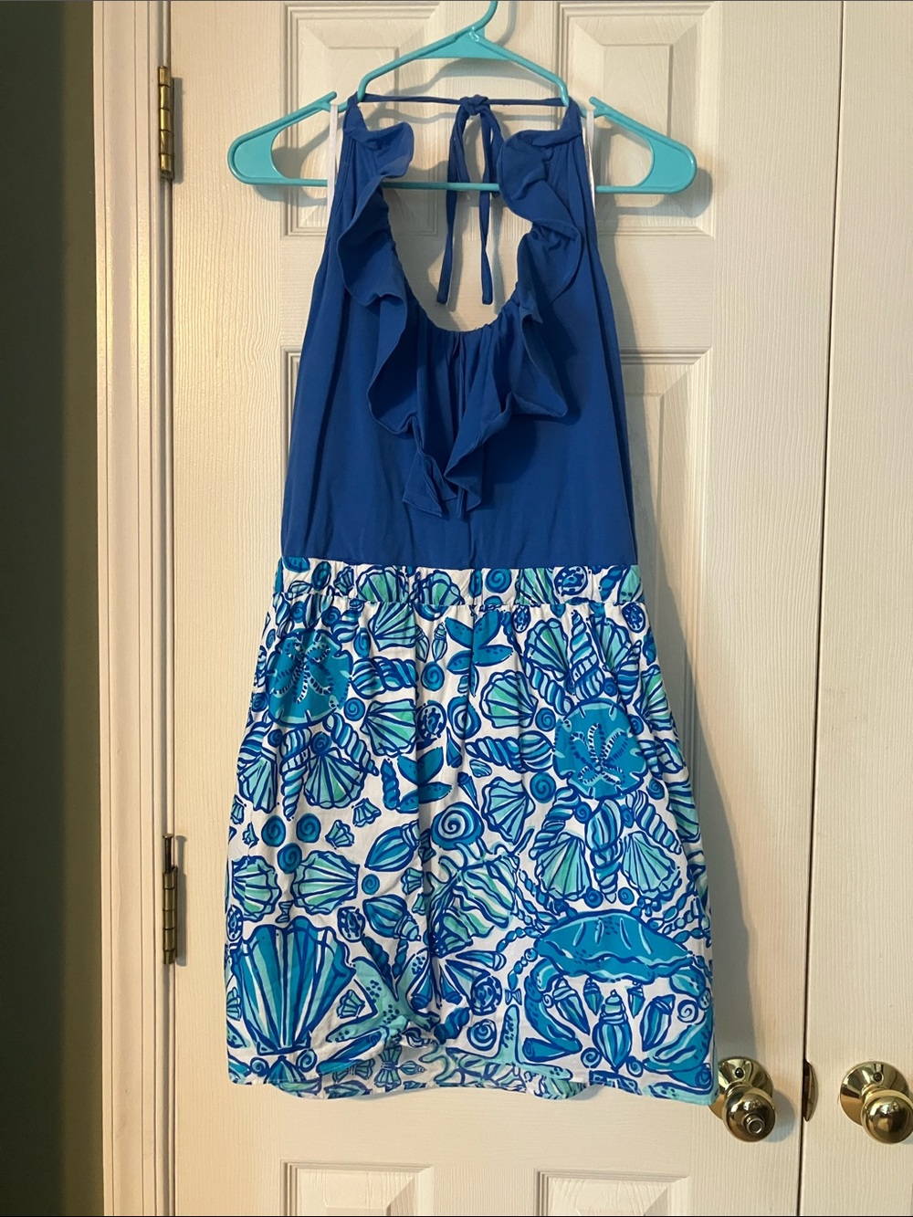 Lilly Pulitzer Blue Halter Ruffle Dress with Coastal Shell Print